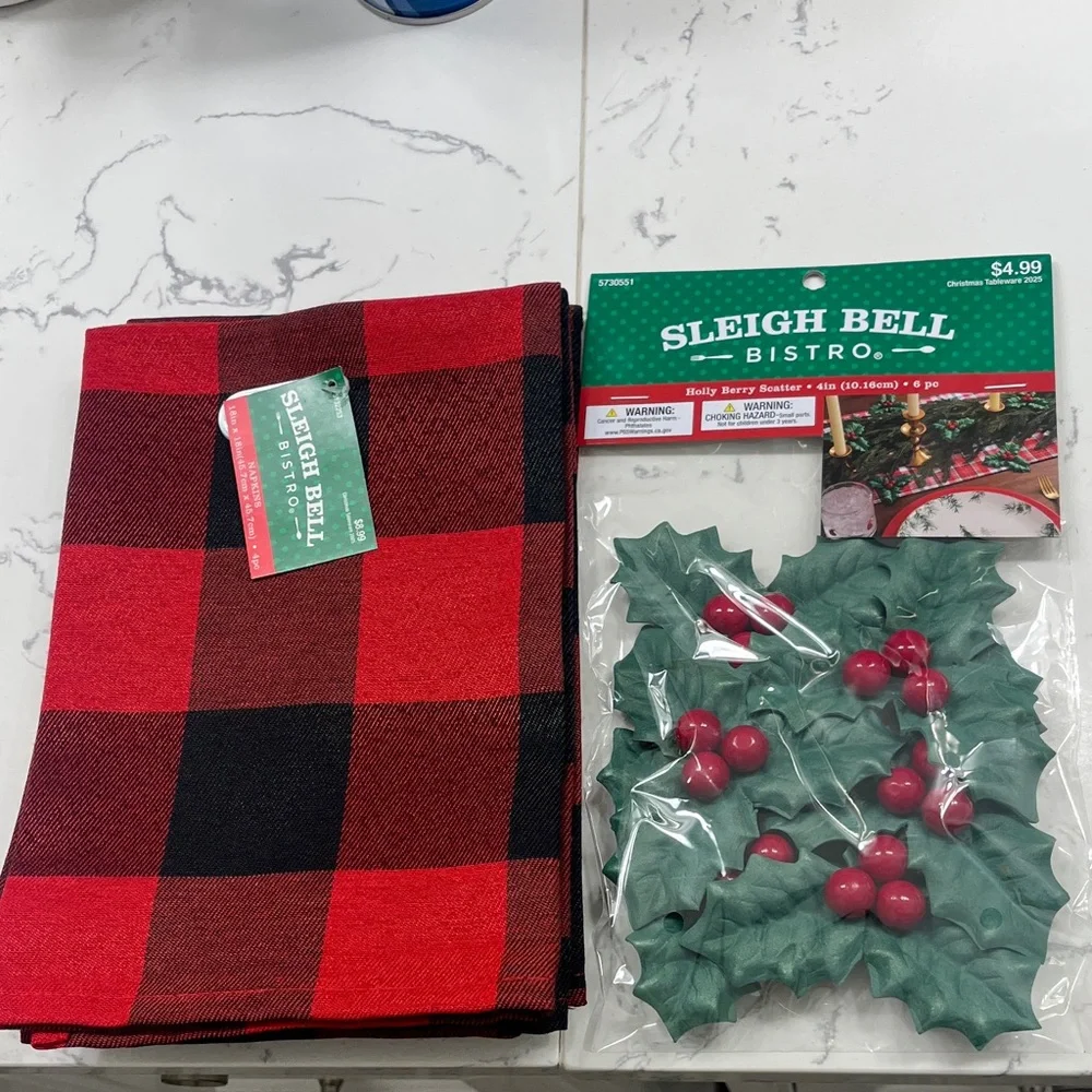 Red and Black Plaid Tablecloth and holly berry scatter